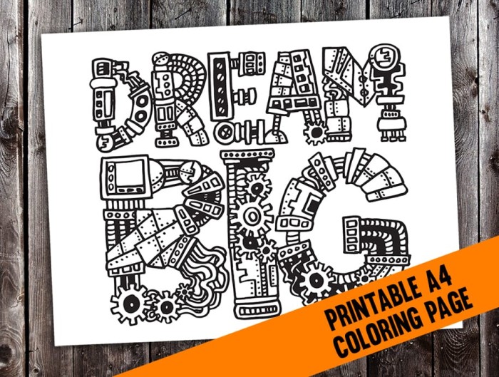 Dream Big Steampunk Typography Adult Coloring Page | Find more adult coloring pages, coloring books and other printables at www.sarahrenaeclark.com