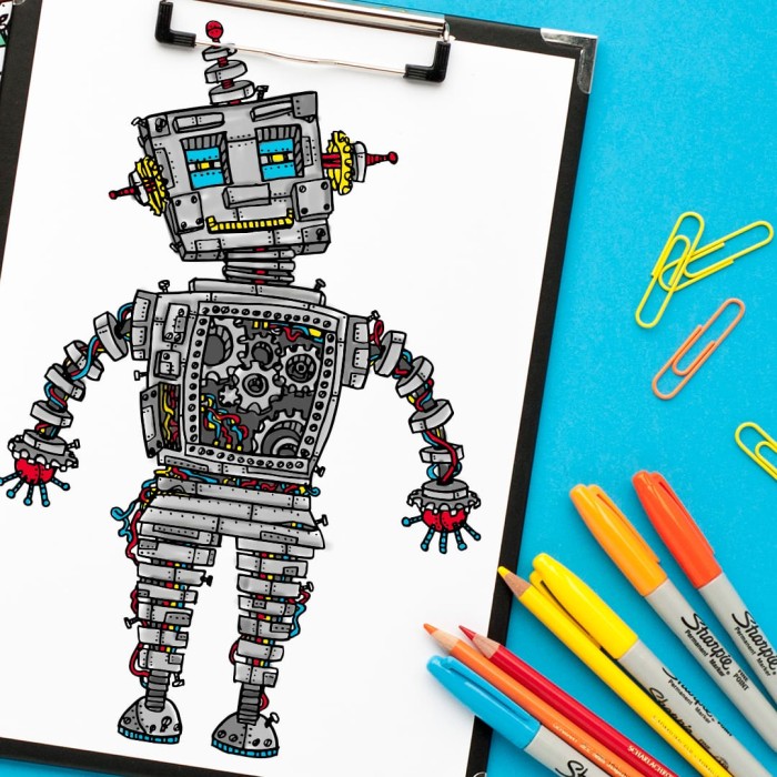 steampunk robot coloring page | This would look great framed on a boy's bedroom! | Get more coloring pages at www.sarahrenaeclark.com | Coloring pages for adults, coloring pages for boys