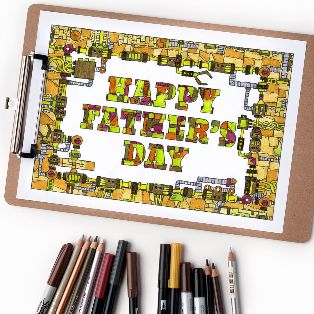 Happy Fathers Day free coloring page | Steampunk mechanical style coloring page for Father's Day. Find more free printables and coloring pages at www.sarahrenaeclark.com