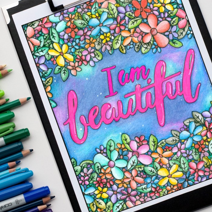 I am beautiful - adult coloring page. Colored by Michelle HH