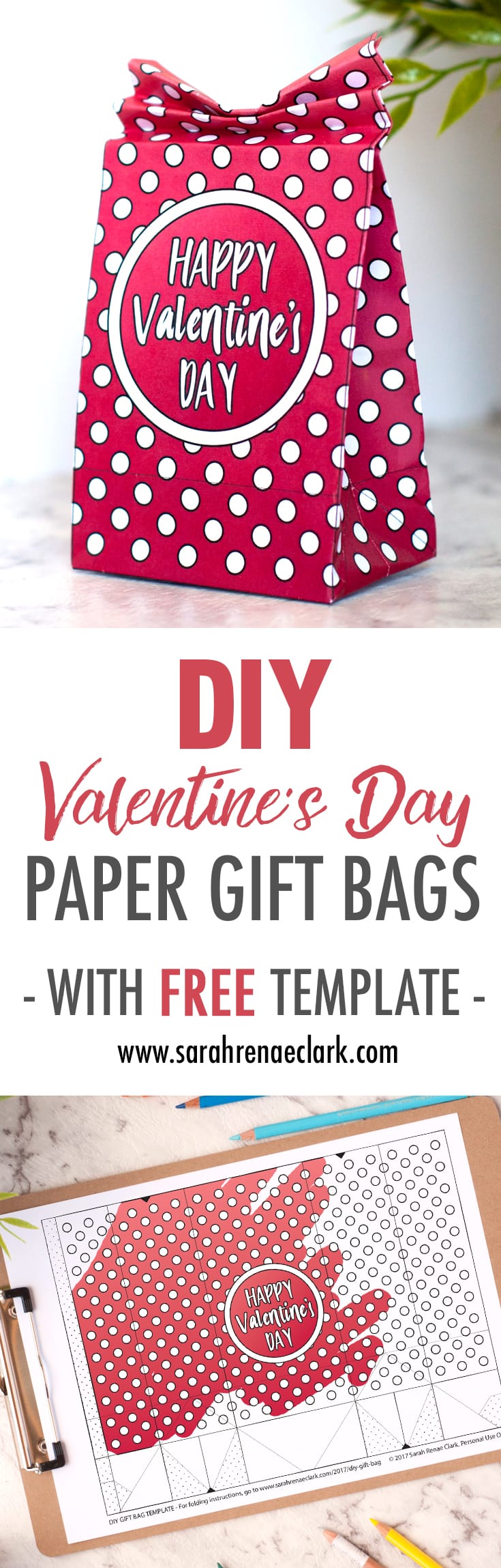 DIY Valentine's Day Paper Gift Bags | Free Template and Tutorial | Learn how to make your own cute coloring page paper gift bags - what a great gift idea for Valentine's Day! Watch the video instructions and download your free printable template at www.sarahrenaeclark.com| Valentine's Day Craft, DIY Valentine's Day, DIY paper gift bag, DIY gift bag, Valentine’s Day activity, DIY craft, free craft template, DIY gift bag tutorial, video tutorial, free template, free coloring page, free Valentine’s Day coloring pages, free printable, printable template