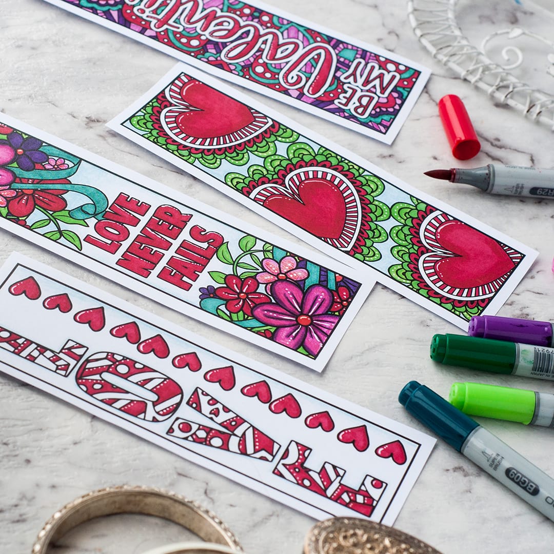 Valentine’s Day Printable Bookmarks pictured with Copic Markers