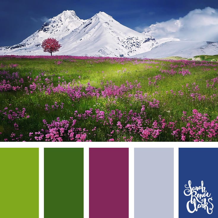 The pink in this scene provides a beautiful contrast to the green grass and blue sky - a great color combination! | Click for more color schemes inspired by beautiful landscapes and other coloring inspiration at https://sarahrenaeclark.com | Colour palettes, colour schemes, color therapy, mood board, color hue