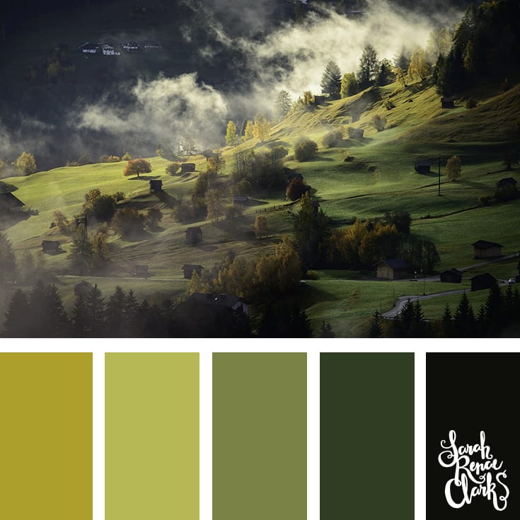 Moody color palette inspired by the green mountainside... just stunning! | Click for more color combinations inspired by beautiful landscapes and other coloring inspiration at https://sarahrenaeclark.com | Colour palettes, colour schemes, color therapy, mood board, color hue