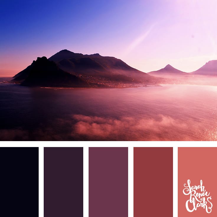 Amazing pink mountains color inspiration | Click for more color combinations inspired by beautiful landscapes and other coloring inspiration at https://sarahrenaeclark.com | Colour palettes, colour schemes, color therapy, mood board, color hue