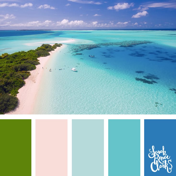 Warm summer colors inspired by this beach scene - green trees, white sand and blue waves | Click for more color combinations inspired by beautiful landscapes and other coloring inspiration at https://sarahrenaeclark.com | Colour palettes, colour schemes, color therapy, mood board, color hue