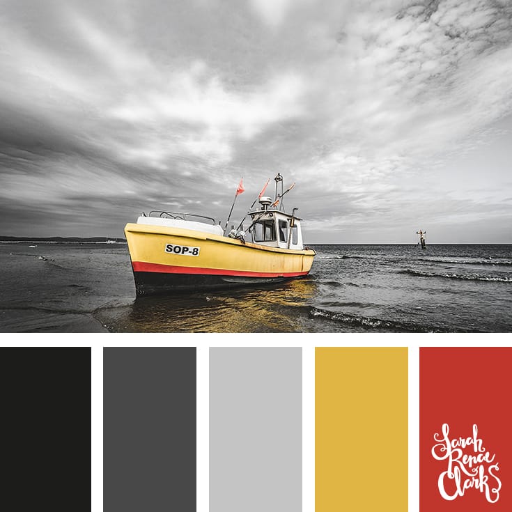 The yellow colors in this palette are a beautiful contrast to the grey scenery! | Click for more color combinations inspired by beautiful landscapes and other coloring inspiration at https://sarahrenaeclark.com | Colour palettes, colour schemes, color therapy, mood board, color hue