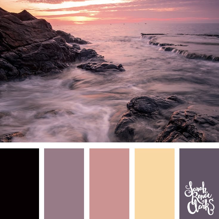 A beautiful color palette inspired by the sunset - I love this color combo! | Click for more color combinations inspired by beautiful landscapes and other coloring inspiration at https://sarahrenaeclark.com | Colour palettes, colour schemes, color therapy, mood board, color hue