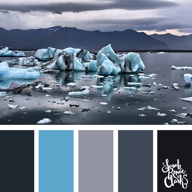 The bright icy blue in this color palette looks great with the grays and blacks... what an amazing photo for color inspiration! | Click for more color schemes inspired by beautiful landscapes and other coloring inspiration at https://sarahrenaeclark.com | Colour palettes, colour schemes, color therapy, mood board, color hue