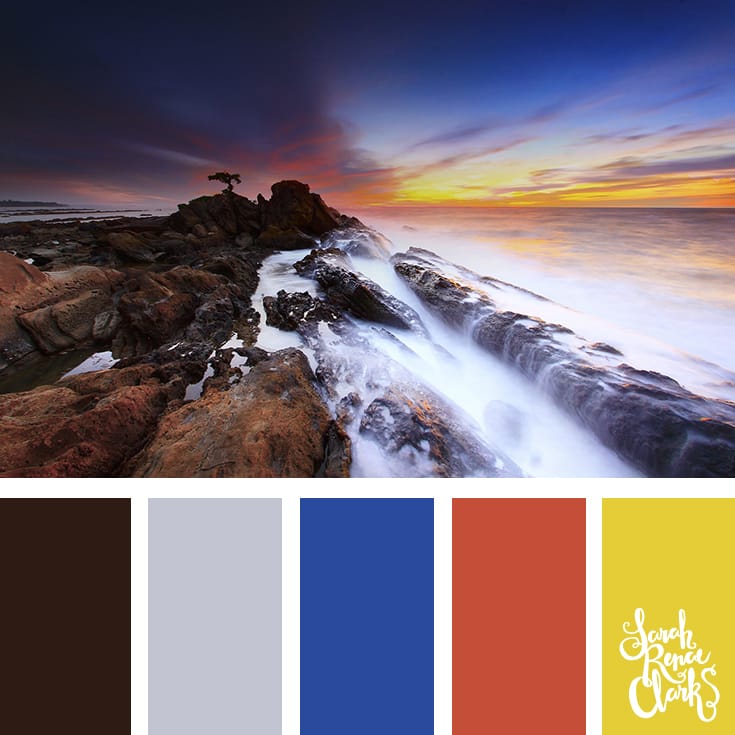 Vibrant blue, red and yellow color inspiration from this sunset over the water | Click for more color combinations inspired by beautiful landscapes and other coloring inspiration at https://sarahrenaeclark.com | Colour palettes, colour schemes, color therapy, mood board, color hue