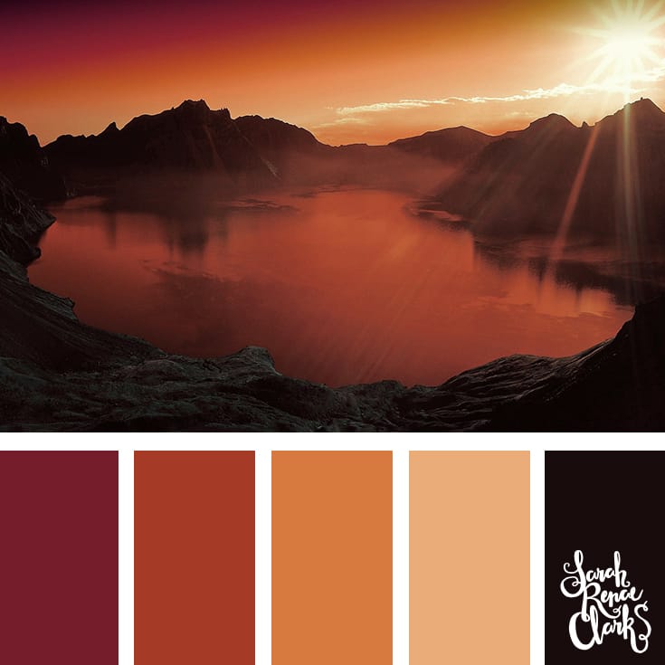 I love the warm atmosphere in this beautiful red color combination! | Click for more color palettes inspired by beautiful landscapes and other coloring inspiration at https://sarahrenaeclark.com | Colour palettes, colour schemes, color therapy, mood board, color hue