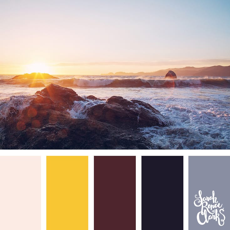 Sunset color inspiration | Click for more color combinations inspired by beautiful landscapes and other coloring inspiration at https://sarahrenaeclark.com | Colour palettes, colour schemes, color therapy, mood board, color hue