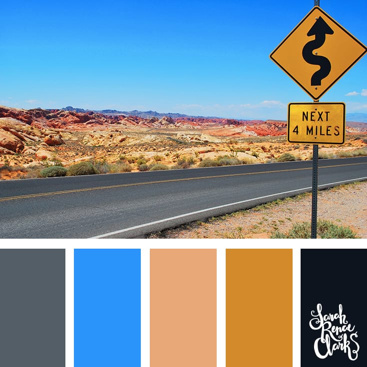 Bright color inspiration - blue sky and earthy tones | Click for more color combinations inspired by beautiful landscapes and other coloring inspiration at https://sarahrenaeclark.com | Colour palettes, colour schemes, color therapy, mood board, color hue