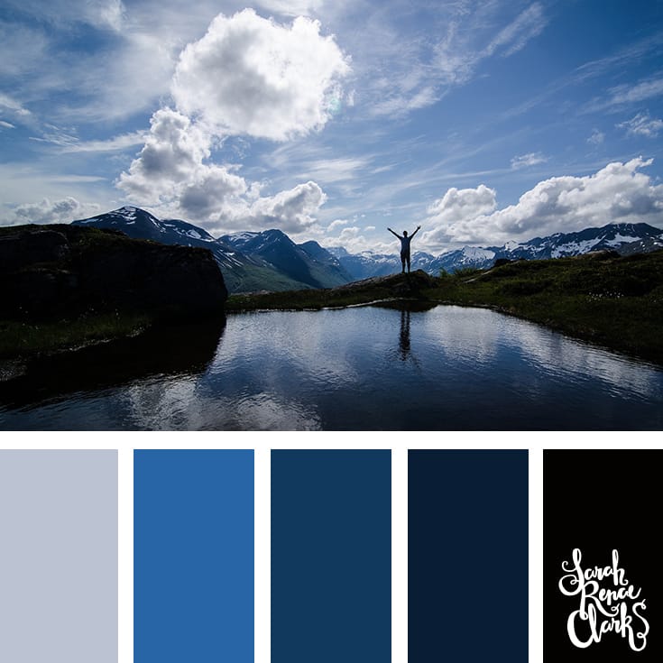 Wanderlust cool color palette inspired by the mountains... blue hues and winter color inspiration | Click for more color combinations inspired by beautiful landscapes and other coloring inspiration at https://sarahrenaeclark.com | Colour palettes, colour schemes, color therapy, mood board, color hue