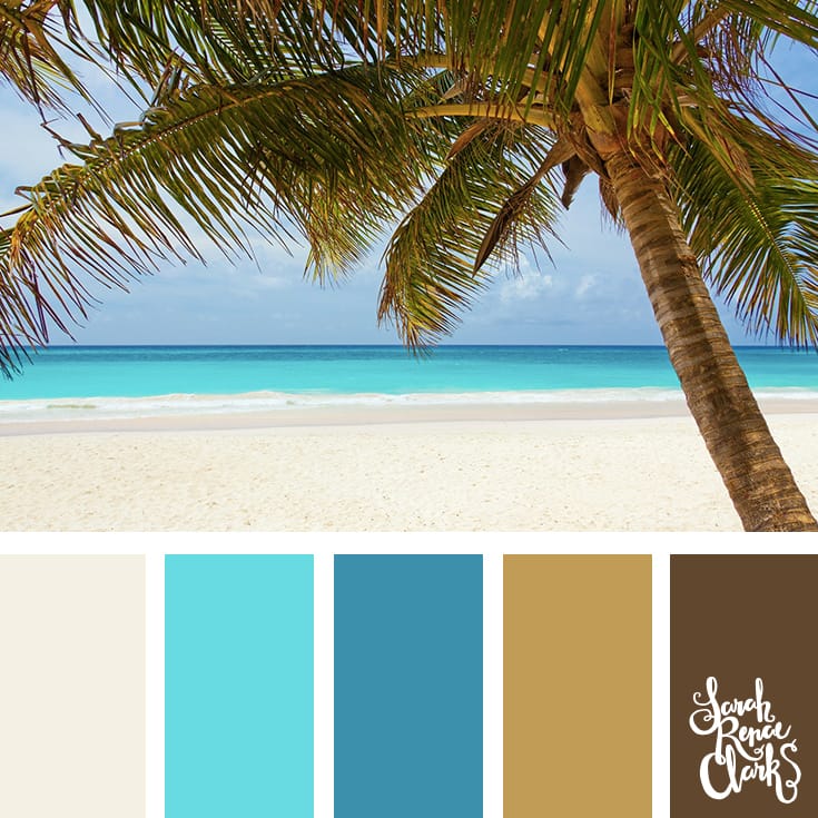 Color inspiration from a warm summer vacation - beachy tones | Click for more color schemes inspired by beautiful landscapes and other coloring inspiration at https://sarahrenaeclark.com | Colour palettes, colour schemes, color therapy, mood board, color hue