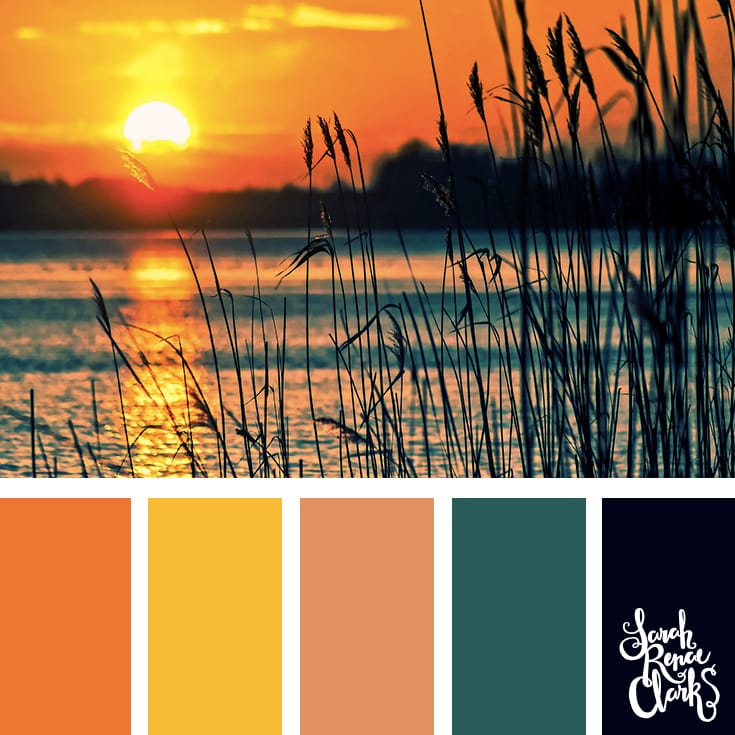 Beautiful sunset color scheme - I love the warm atmosphere in this color combination! | Click for more color palettes inspired by beautiful landscapes and other coloring inspiration at https://sarahrenaeclark.com | Colour palettes, colour schemes, color therapy, mood board, color hue