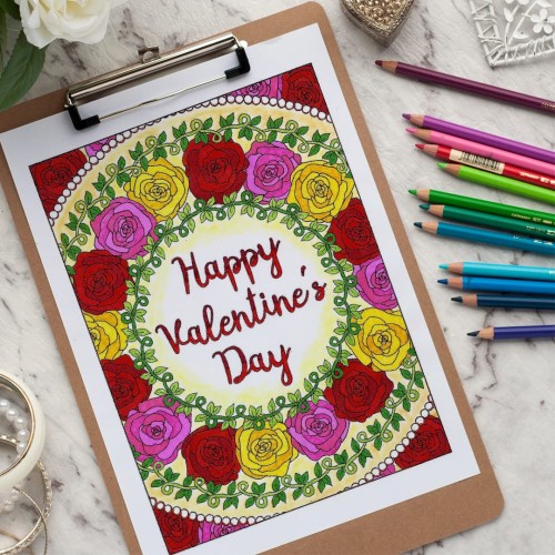 Happy Valentine's Day - Adult coloring page | Find more adult coloring pages, coloring books and printable crafts at www.sarahrenaeclark.com | Valentine's Day craft, printable coloring pages, adult coloring pages