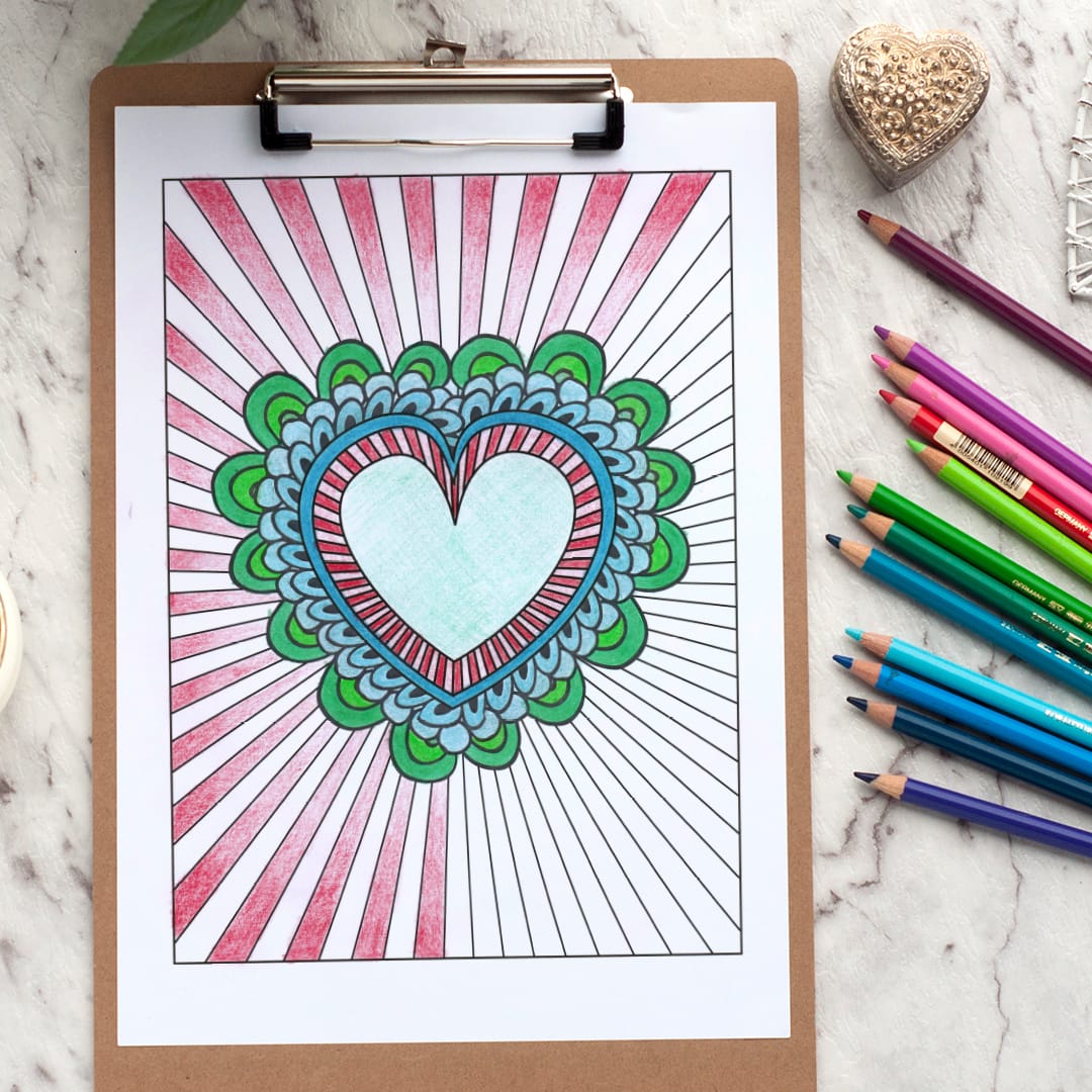 Heart burst - Adult coloring page | Find more adult coloring pages, coloring books and printable crafts at www.sarahrenaeclark.com | Valentine's Day craft, printable coloring pages, adult coloring pages