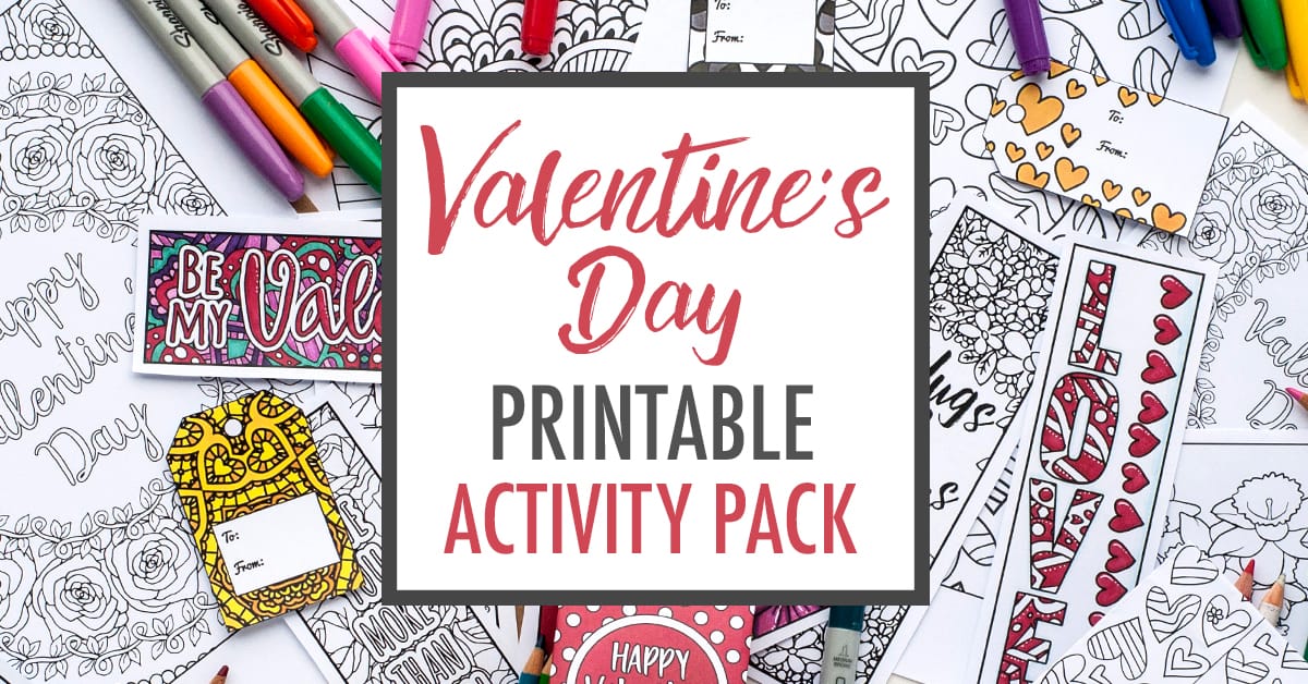 Valentine’s Day Printable Activity Pack that contains Coloring pages, bookmarks, Valentine Cards, gift tags and DIY gift bags 