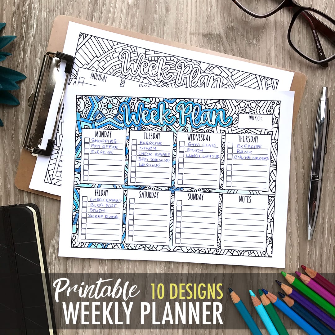 Printable week planner – 10 different designs | Find more printables and coloring pages at www.sarahrenaeclark.com | coloring for adults, organizational printables, bullet journaling, get organized, printable planners, week planning, organize everything, organized life, home management, home binder organization, printable organizer, family charts, family command center, week tracker