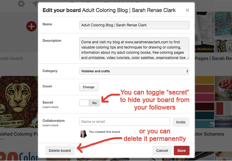 You should hide or delete any boards that are not relevant to your audience | Pinterest Marketing Tips | www.sarahrenaeclark.com