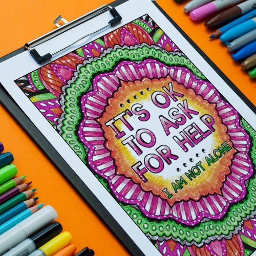 It's ok to ask for help - colored by Linda Franklin from Coloring Affirmations For Every Mom - An adult coloring book with 30 affirmation coloring pages for moms | A great Mother's Day gift idea or Baby Shower gift idea! | More printable coloring books at www.sarahrenaeclark.com