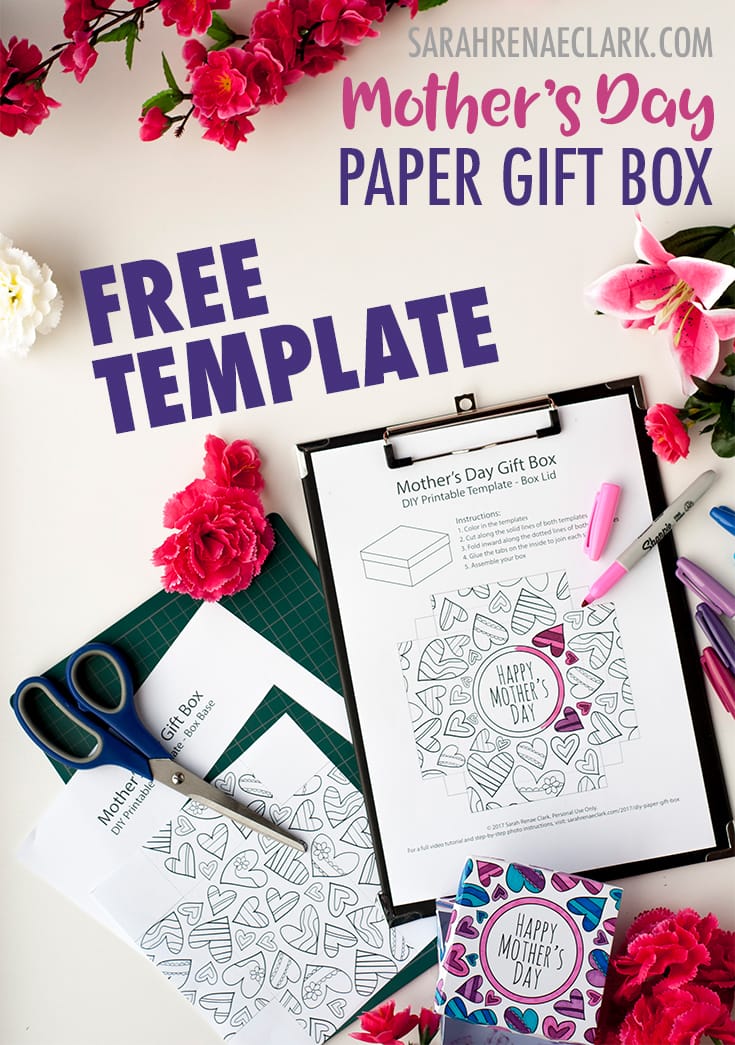 Download this free printable paper gift box template to color in and make a Mother’s Day gift box! Visit the blog to see a full video tutorial and step-by-step photo instructions. Check it all out at http://sarahrenaeclark.com/2017/diy-paper-gift-box/