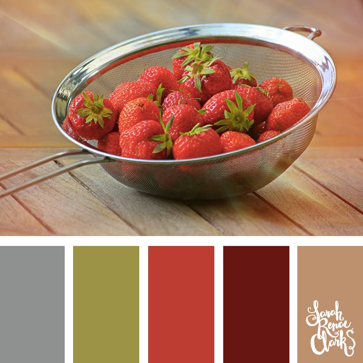 Strawberry colors | Click for more color combinations and color palettes inspired by the Pantone Fall 2017 Color Trends, plus other coloring inspiration at http://sarahrenaeclark.com | Colour palettes, colour schemes, color therapy, mood board, color hue