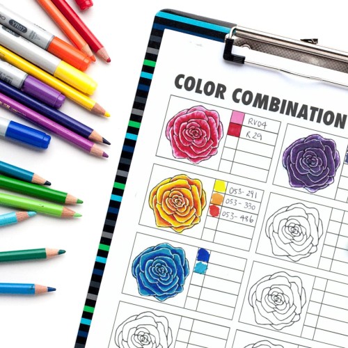 This free color combination chart is great for practicing blending and testing color combinations for adult coloring pages. Get it at www.sarahrenaeclark.com