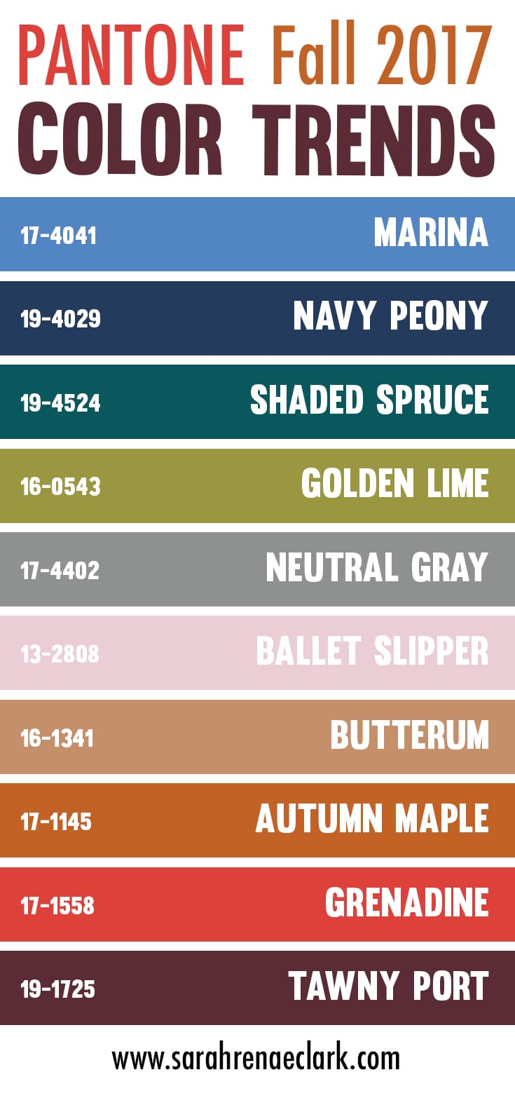 The Pantone fall 2017 color trend predictions include Grenadine, Tawny Port, Ballet Slipper, Butterum, Navy Peony, Neutral Gray, Shaded Spruce, Golden Lime, Marina and Autumn Maple