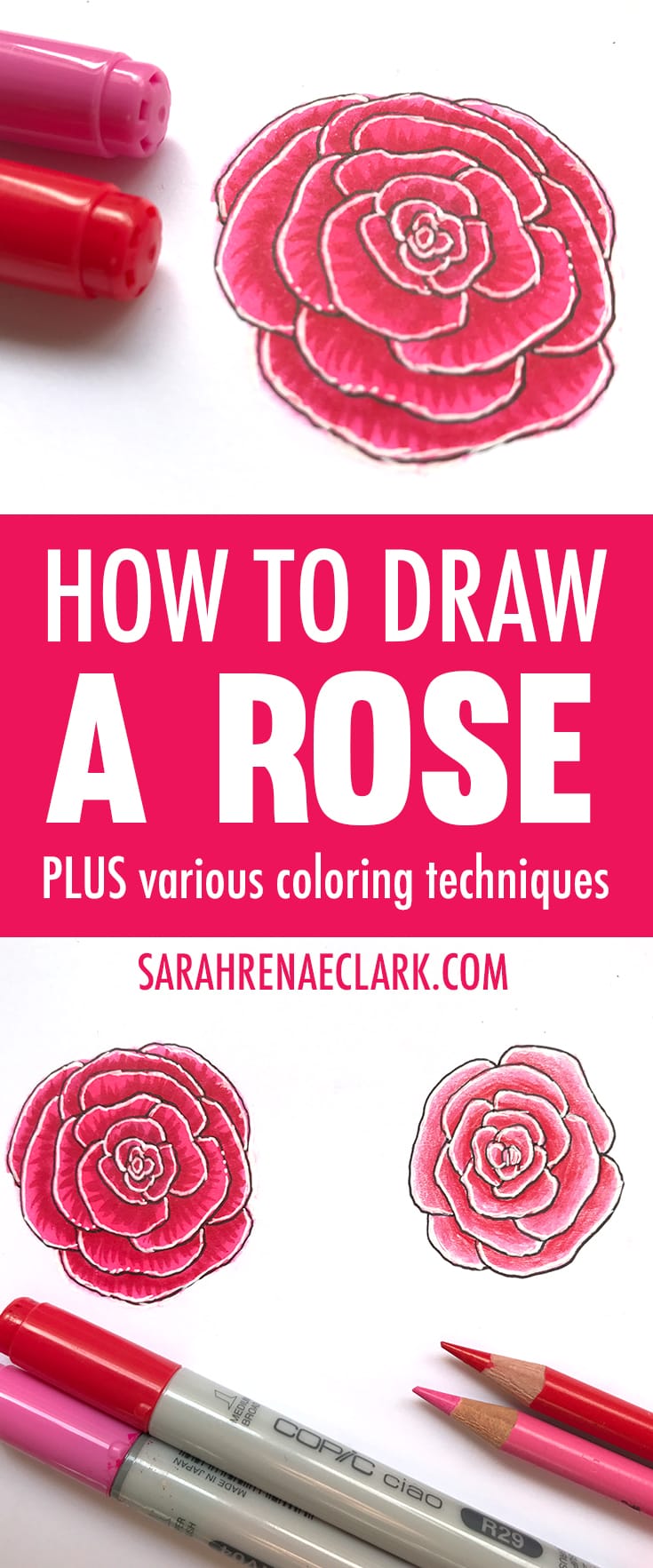 Learn how to draw a rose with this video tutorial, plus see the difference between 2 coloring techniques with markers and pencils. | www.SarahRenaeClark.com | coloring tutorials, coloring techniques, how to draw, drawing video, coloring page tips
