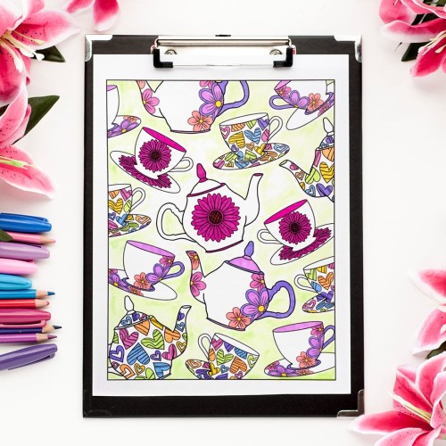 A teacups free adult coloring page that can be coloring with pencils or markers or any other mediums.