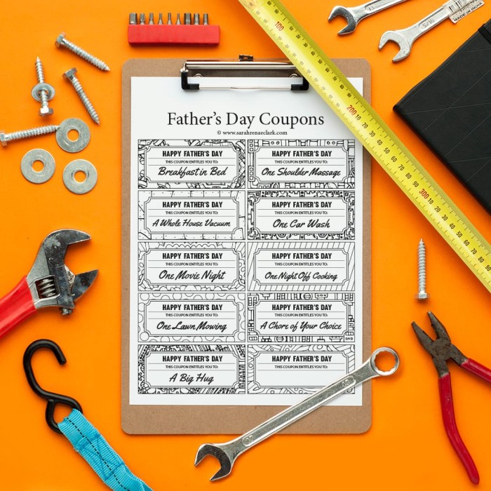 Spoil dad with these printable Father’s Day Coupons! Find more Father’s Day printables and free coloring pages at https://sarahrenaeclark.com/shop/cat/seasonal/fathers-day/