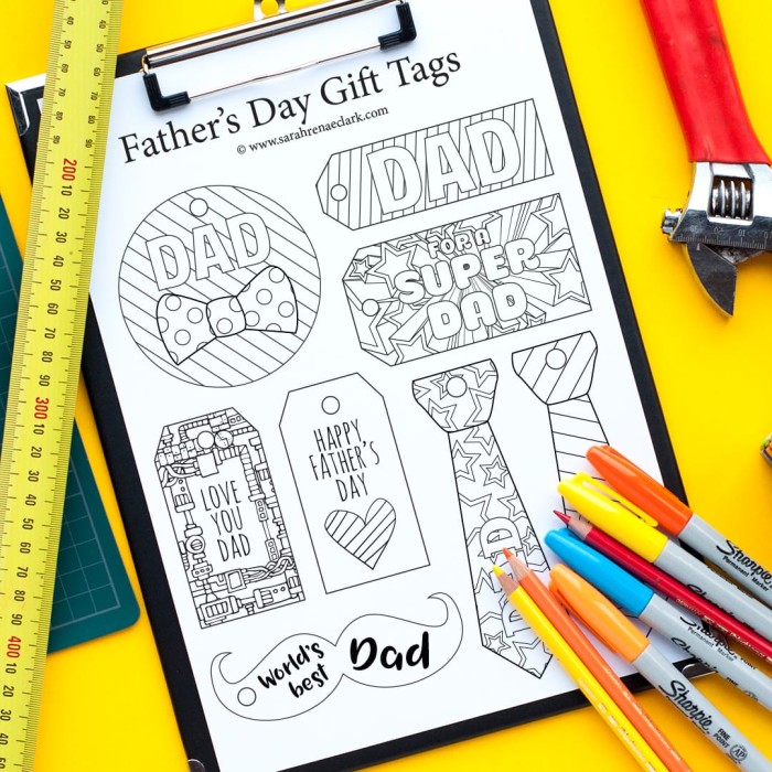 These printable Father’s Day gift tags are fun to color in and a great way to personalize your Father’s Day gift! 8 Designs available to color for Father’s Day | Find more Father’s Day printables and free coloring pages at https://sarahrenaeclark.com/shop/cat/seasonal/fathers-day/