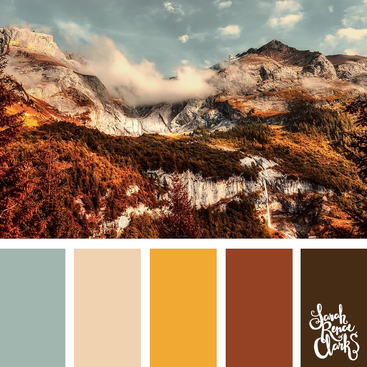 Beautiful mountainside autumn color scheme | Click for more fall color combinations, mood boards and seasonal color palettes at http://sarahrenaeclark.com