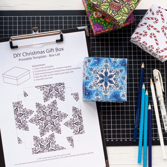DIY Christmas paper gift boxes – 6 printable coloring templates to make your own gift boxes for a Christmas gift | Find more Christmas printable activities and coloring pages at www.sarahrenaeclark.com/christmas