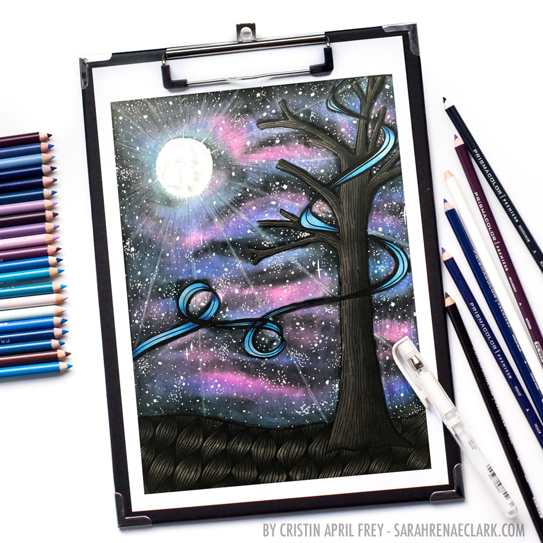 How to create a galaxy background with colored pencils | Prismacolor starry night coloring tutorial by Cristin April Frey | See the full galaxy tutorial at www.sarahrenaeclark.com | #prismacolor #galaxy #adultcoloring