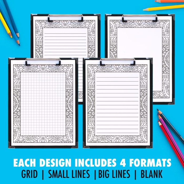 Printable journal pages that you can color in! This pack includes 10 different designs, with 4 formats for each journal page including a grid, small lines, big lines and a blank version. | Find more printable planners and calendars to color and organize everything at www.sarahrenaeclark.com | #bulletjournal #printables #plannerlove