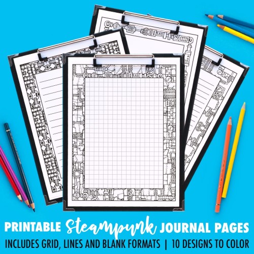 Ooh! Printable steampunk journal pages that you can color in! This pack includes 10 different designs, with 4 formats for each journal page including a grid, small lines, big lines and a blank version. | Find more printable planners and calendars to color and organize everything at www.sarahrenaeclark.com | #bulletjournal #printables #plannerlove