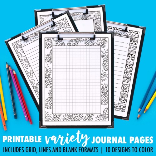 Ooh! Printable journal pages that you can color in! This pack includes 10 different designs, with 4 formats for each journal page including a grid, small lines, big lines and a blank version. | Find more printable planners and calendars to color and organize everything at www.sarahrenaeclark.com | #bulletjournal #printables #plannerlove