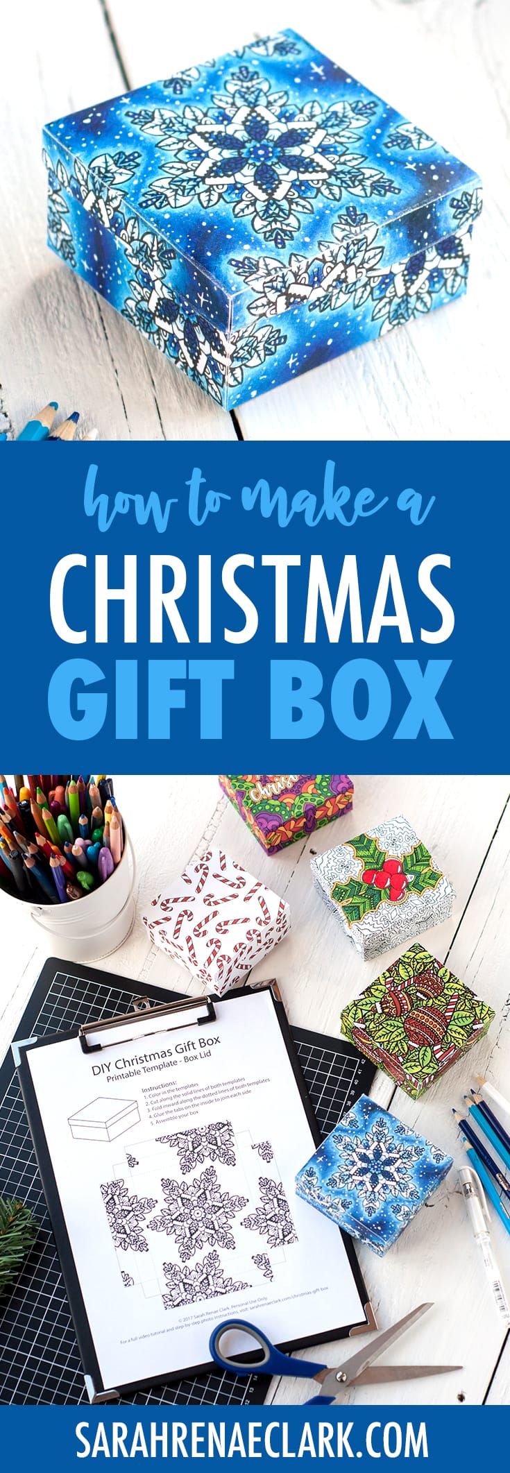 Learn how to make a Christmas gift box with this printable template and step-by-step tutorial. Read more at www.sarahrenaeclark.com/christmas-gift-box