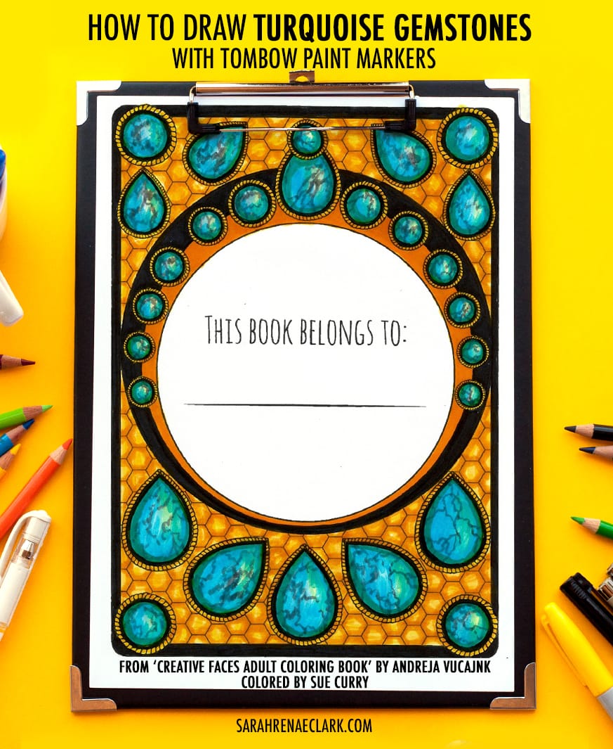 Gemstone adult coloring tutorial - Learn how to draw a turquoise gemstone with Tombow markers | Guest blog post at https://sarahrenaeclark.com #adultcoloring #coloringbook