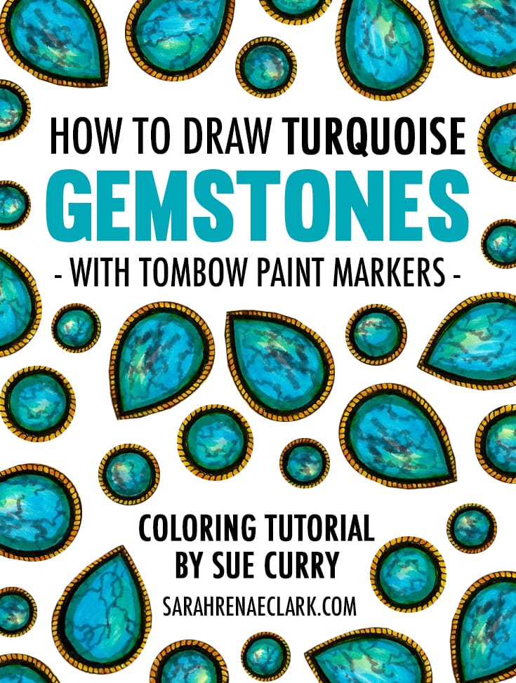 Gemstone adult coloring tutorial - Learn how to draw a turquoise gemstone with Tombow markers | Guest blog post at https://sarahrenaeclark.com #adultcoloring #coloringbook