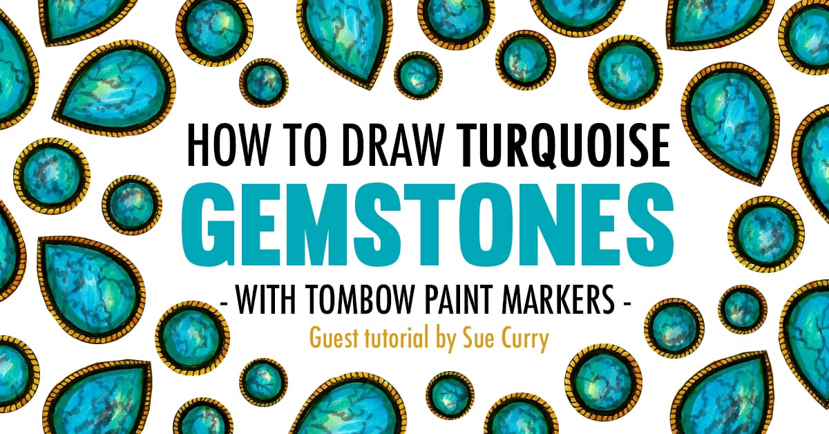 Gemstone adult coloring tutorial - Learn how to draw a turquoise gemstone with Tombow markers | Guest blog post at https://sarahrenaeclark.com #adultcoloring #coloringbook
