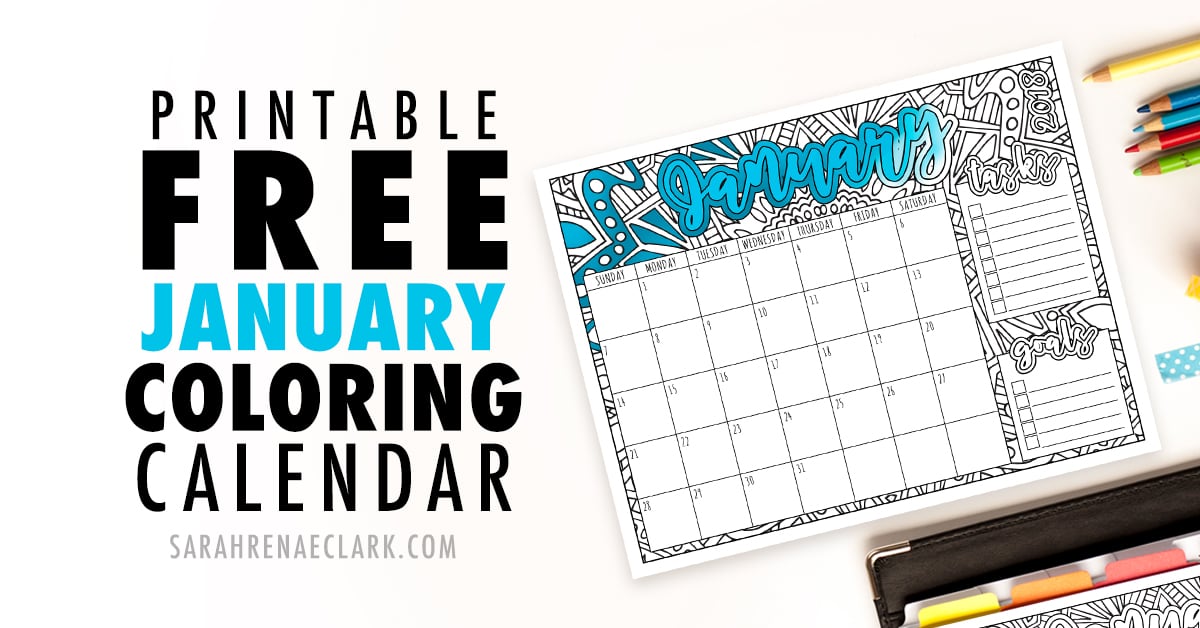 Free January Calendar 2018 Printable coloring calendar PDF from Sarah