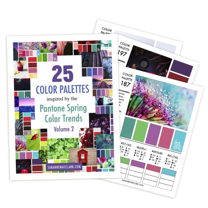 This printable color guide includes 25 color palettes inspired by the Pantone Spring Color Trends in 2018. This color guide includes RBG, CMYK and HEX codes for each color palette for color matching in graphic design, websites or printing. Printable PDF format.