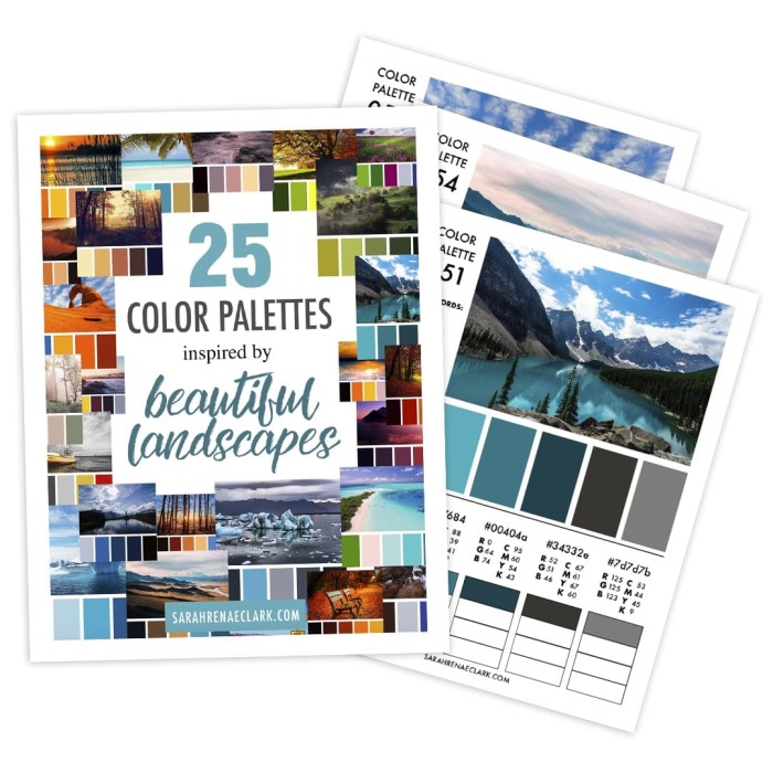 25 color palettes inspired by beautiful landscapes. This color guide includes RBG, CMYK and HEX codes for each color palette for color matching in graphic design, websites or printing. Printable PDF format. Find more #colorpalettes at www.sarahrenaeclark.com