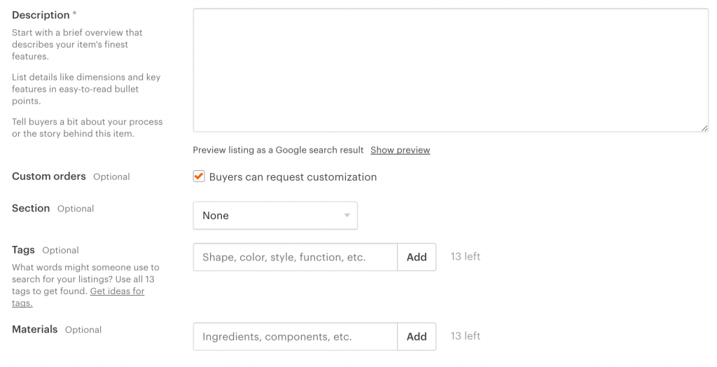 Etsy listing description, customization options, section, tags and materials Etsy listing description, customization options, section, tags and materials