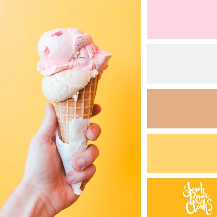 Color Palette 077 - A pastel colored two scoop icecream being held up by a hand in front of a bright yellow background.