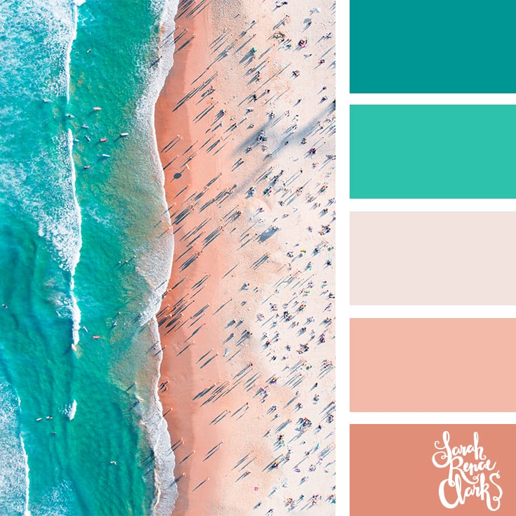 Color Palette 098 - an overview image of a beach, the surf breaking on to sand that is dotted with people.